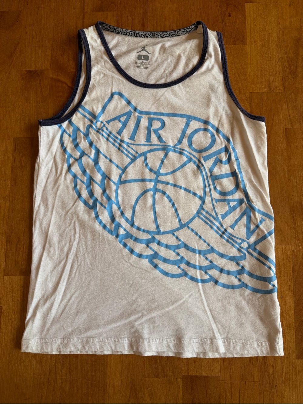 Jordan White Tank Top with Light Blue Graphic and Navy Trim